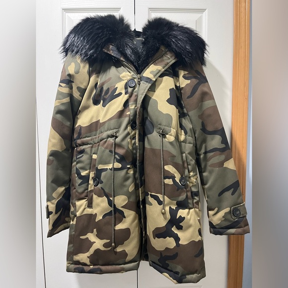 Black Faux Fur Trim Hood Army Camouflage Coat - Picture 7 of 14